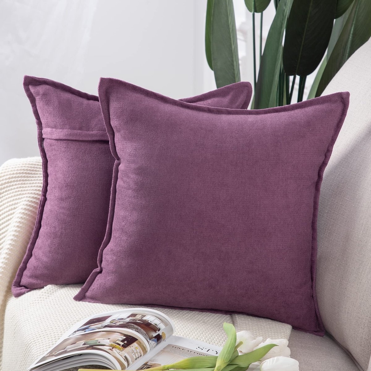 Omgoods - Set van 2 Chenille Kussenhoezen 50x50cm Paars