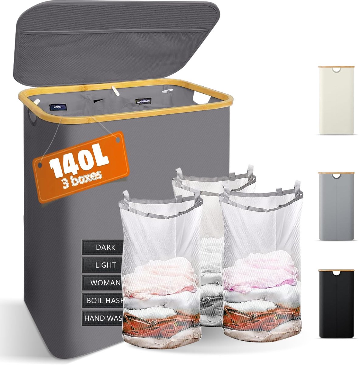 Omgoods - Wasmand met Deksel en 3 Verwijderbare Tassen - 140 Liter Grijs