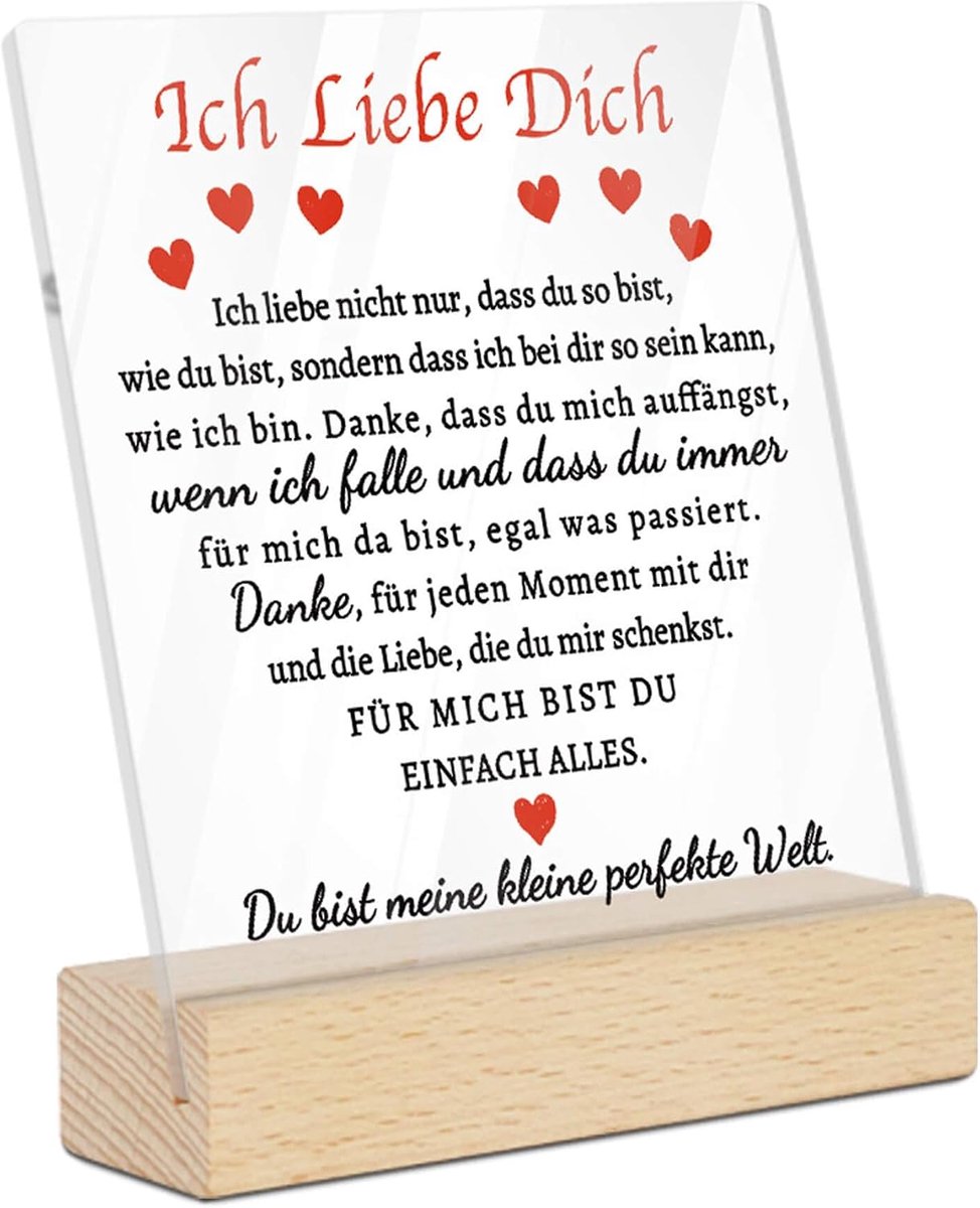 Decor Acryl bord met houten sokkel - "I love you" design - liefdesboodschap voor partner, jubileum of Valentijnsdag, decoratief cadeau