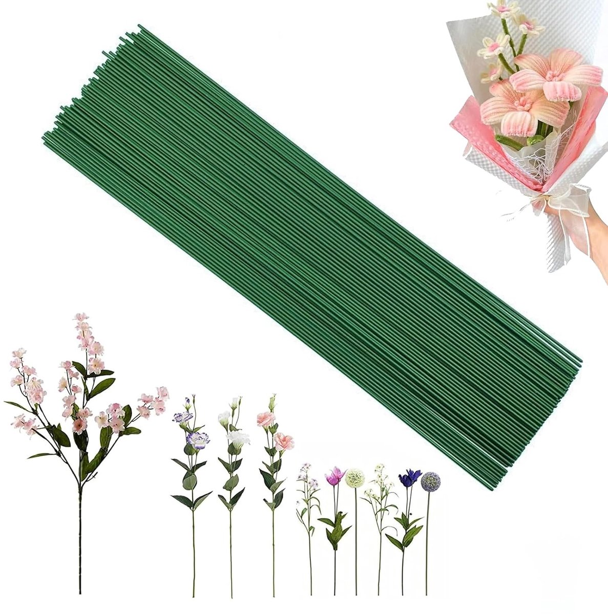 Draad, 100 stuks, bloemistendraad, 2 mm bloemsteeldraad, knutseldraad voor boeket, knutselen, verpakking, steel bloem (30 cm groen) | Draad knutseldraad voor boeket knutselen verpakking stengel bloem (30 cm, groen)