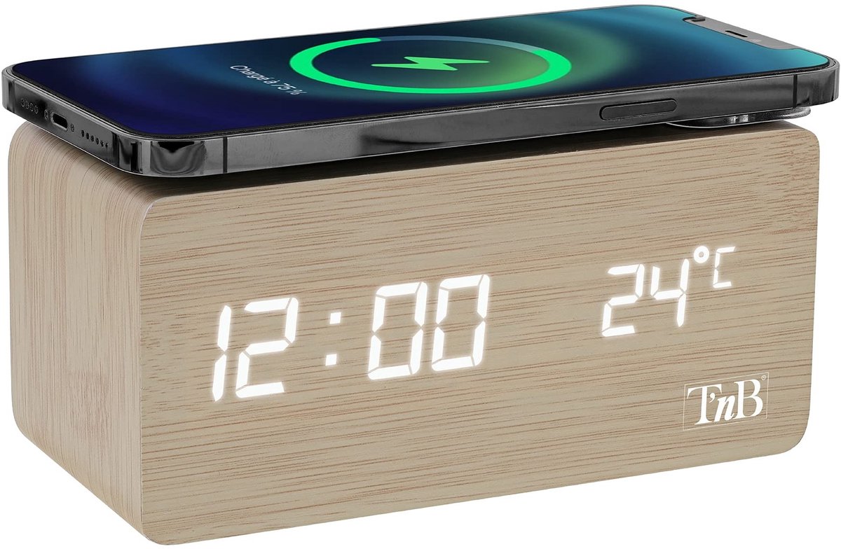 Omgoods - Houten Digitale Alarmklok met Draadloze Oplader en 3 Alarmen