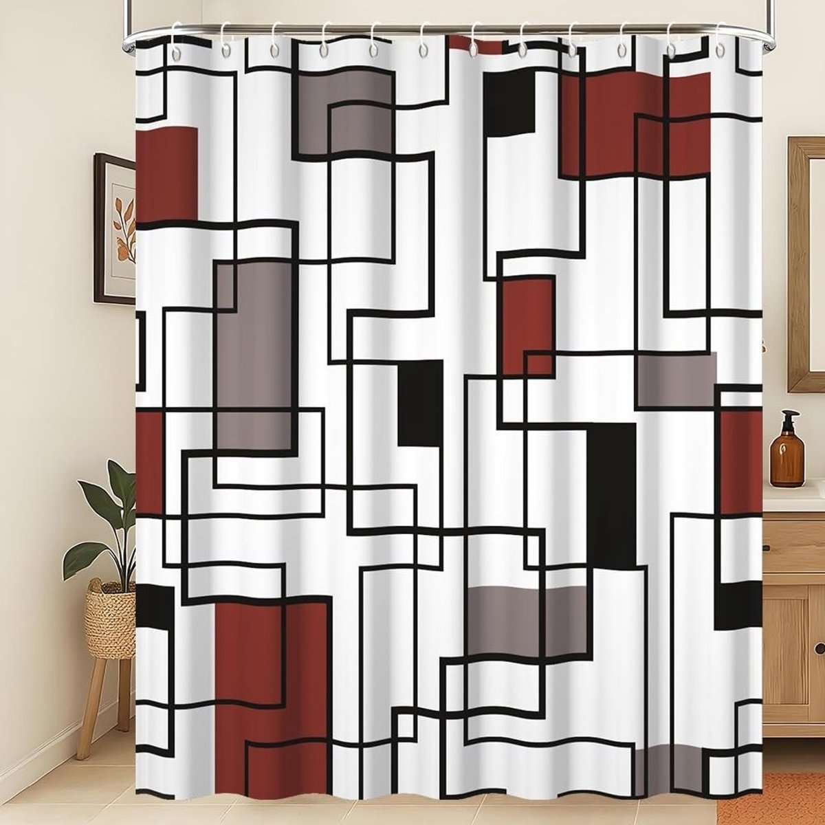 Omgoods - Geometrisch Douchgordijn Rood en Zwart 180x200cm