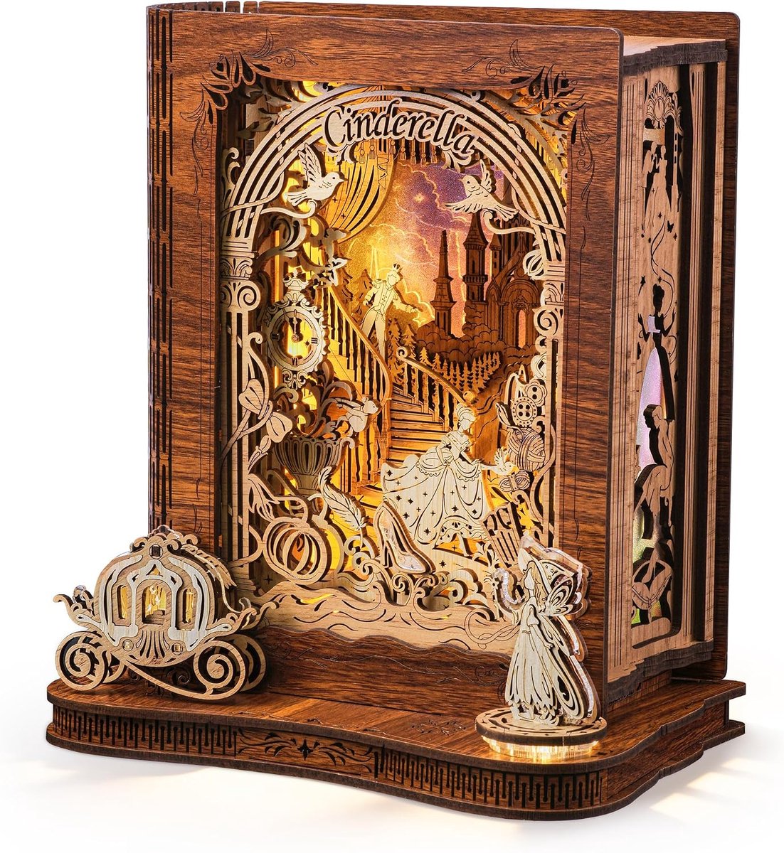Cinderella LED 3D puzzel – DIY sprookjesboek in hout met verlichting, creatief cadeau en decoratie voor kinderen en volwassenen