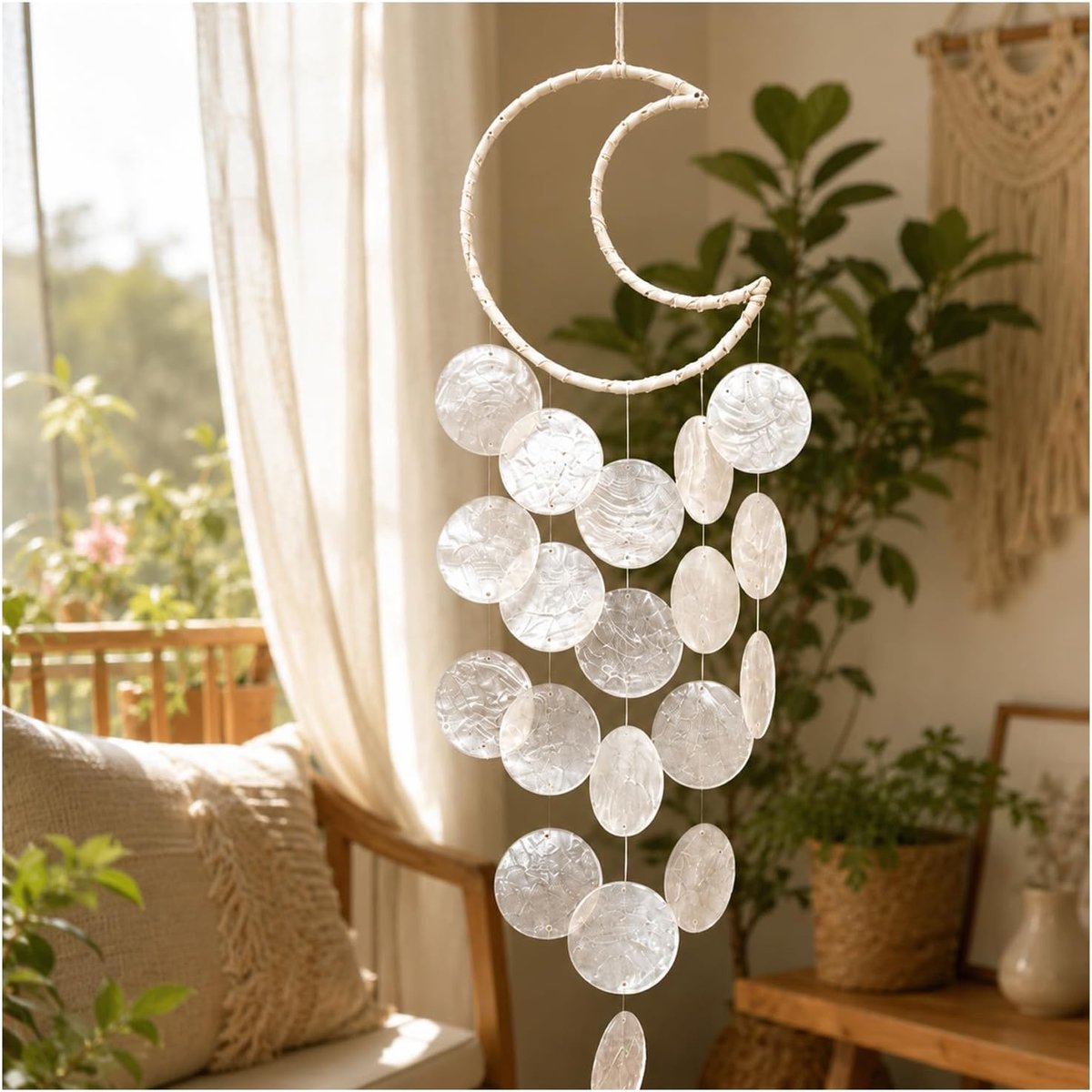 1 set maanwindgong DIY materiaalpakket - Capiz schelpen, katoenen koord, voor boho-decoratie, tuin, balkon, raam, als hangdecoratie, cadeau voor natuurliefhebbers