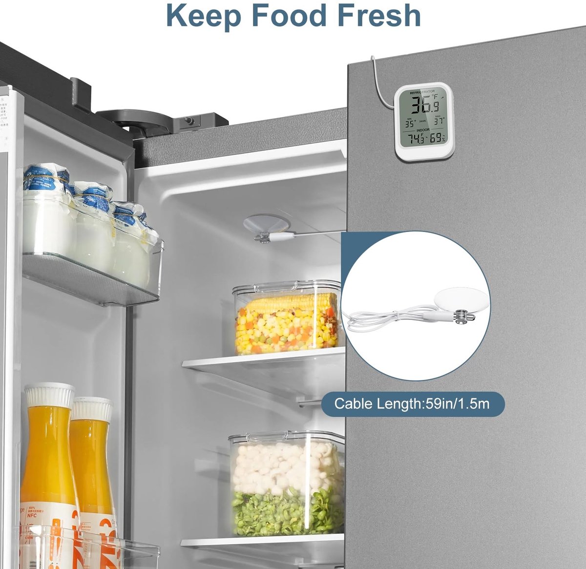 Omgoods - Digitale Koelkast Thermometer met Waterdichte Probe - Temperatuur Alarmfunctie