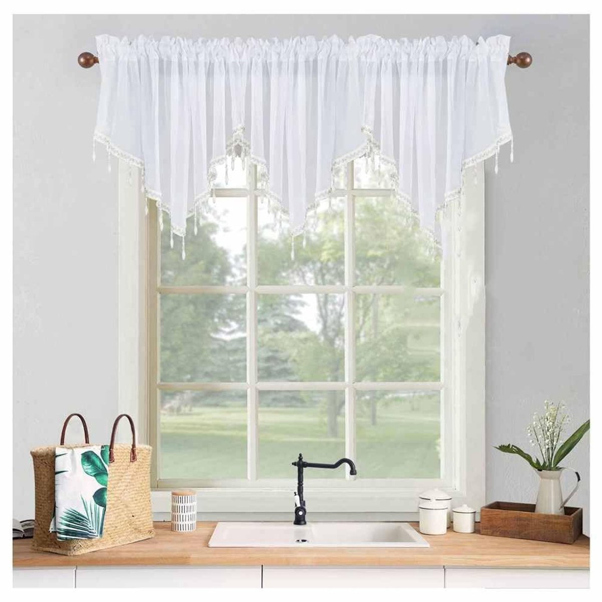 Omgoods - Voile Bistro Gordijnen met Beads en Kwastjes - Wit 130x60 cm
