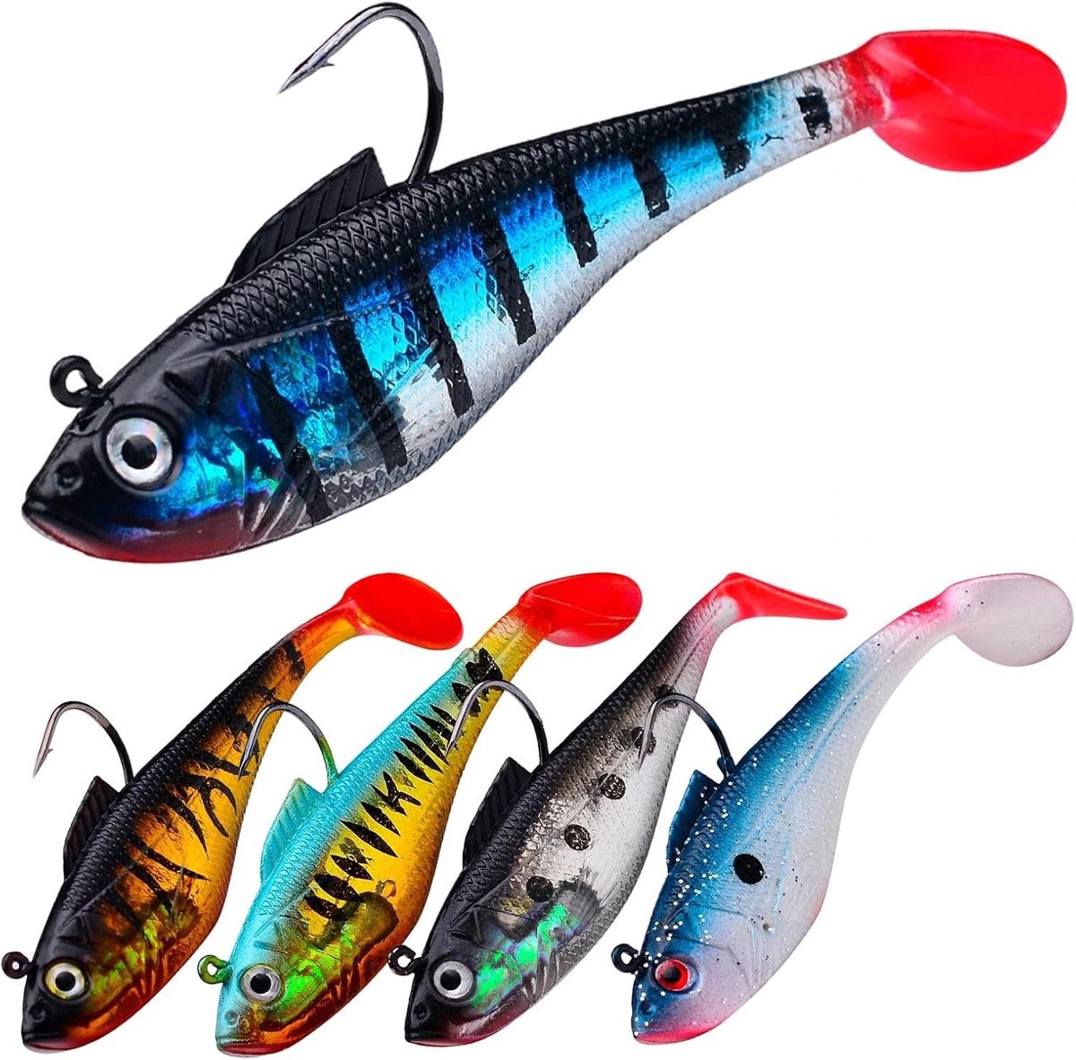 Set van 5 stuks Jigvis met Jigkop, Rubberen Kunstaas voor Forel, Snoekbaars en Baars, Paddlestaart voor Zoet en Zoutwater (11 cm)