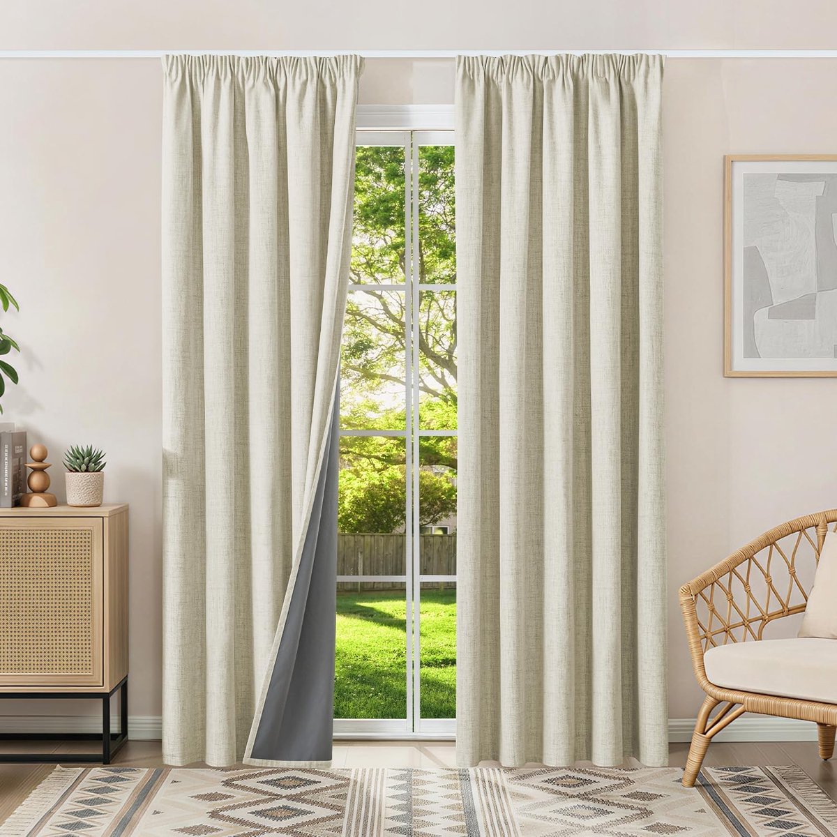 100% Verduisteringsgordijn, Thermisch Isolerend, Anti Kou, 2x160x245(BxH) Opake Linnen Gordijnen met Plooiband voor Salon, Slaapkamer, Woonkamer, Anti Hitte en Geluid, Lichtbeige