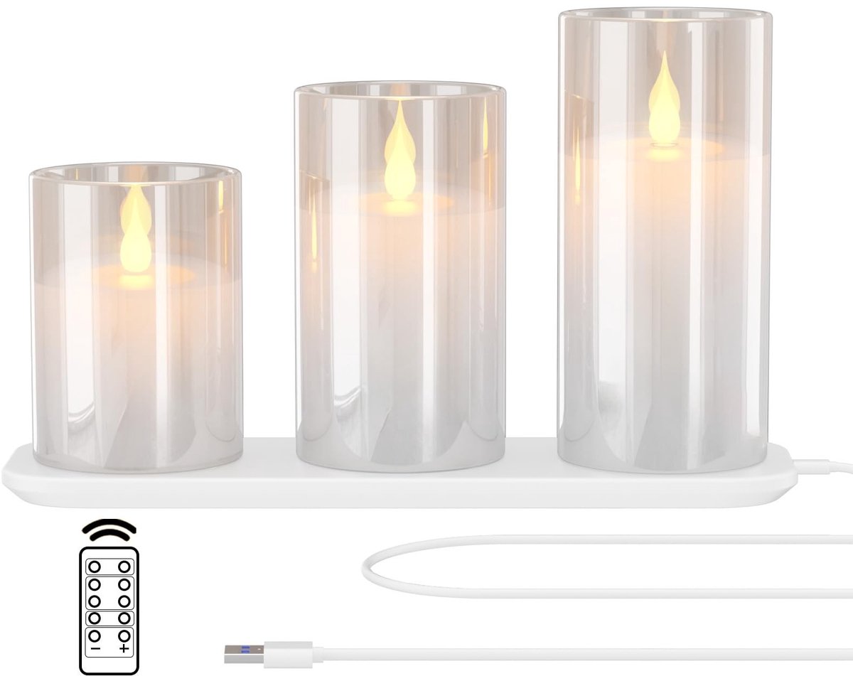 Omgoods - LED Kaarsen - Oplaadbare Flameless Kaarsen met Afstandsbediening en Timer (3 Stuks)