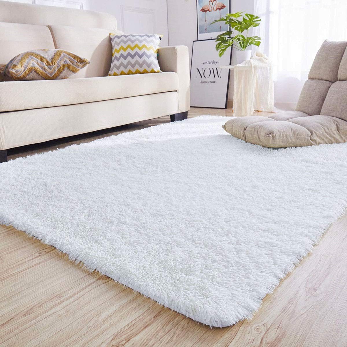 Omgoods - Living Room Rug - Modern Fur Solid Long Pile Shaggy White 135 x 185 cm