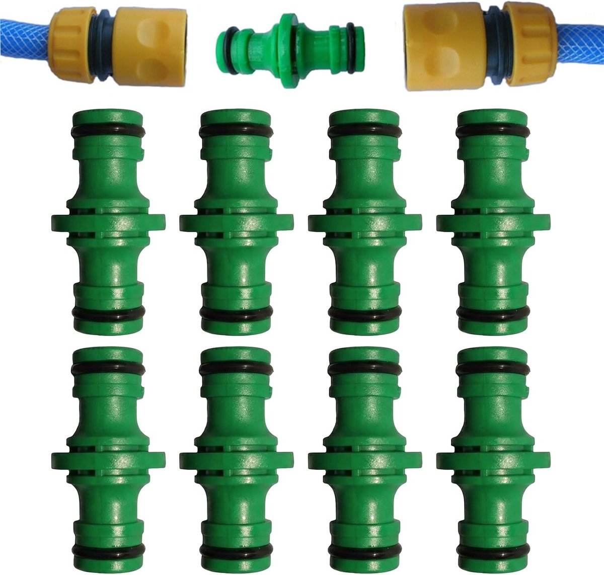 8 stuks slangverbinders 1/2 inch, dubbele stekker, tuinslangkoppeling voor slangverlenging, waterslangverbindingsstuk voor tuin en huis, kunststof slangadapter, groen