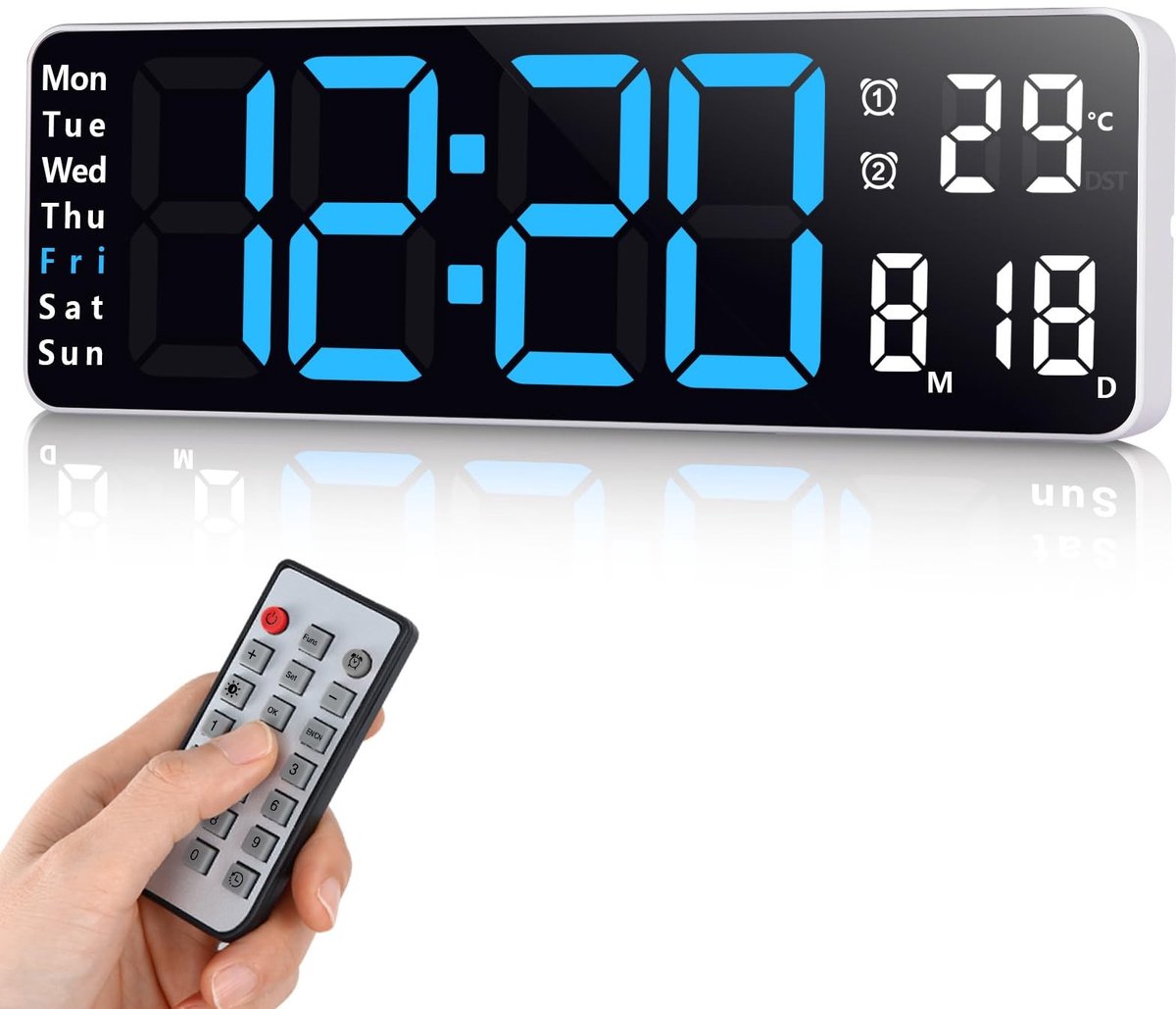 Omgoods - Digitale Wandklok met LED Display - 13 Inch Klok met Afstandsbediening en Temperatuur