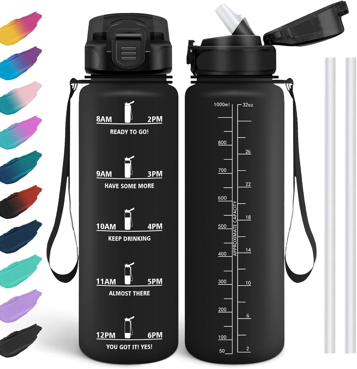 Waterfles 1 l, lekvrij, drinkfles voor koolzuurhoudende dranken, BPA-vrij, drinkfles met rietje, drinkfles voor school, fiets, fitness