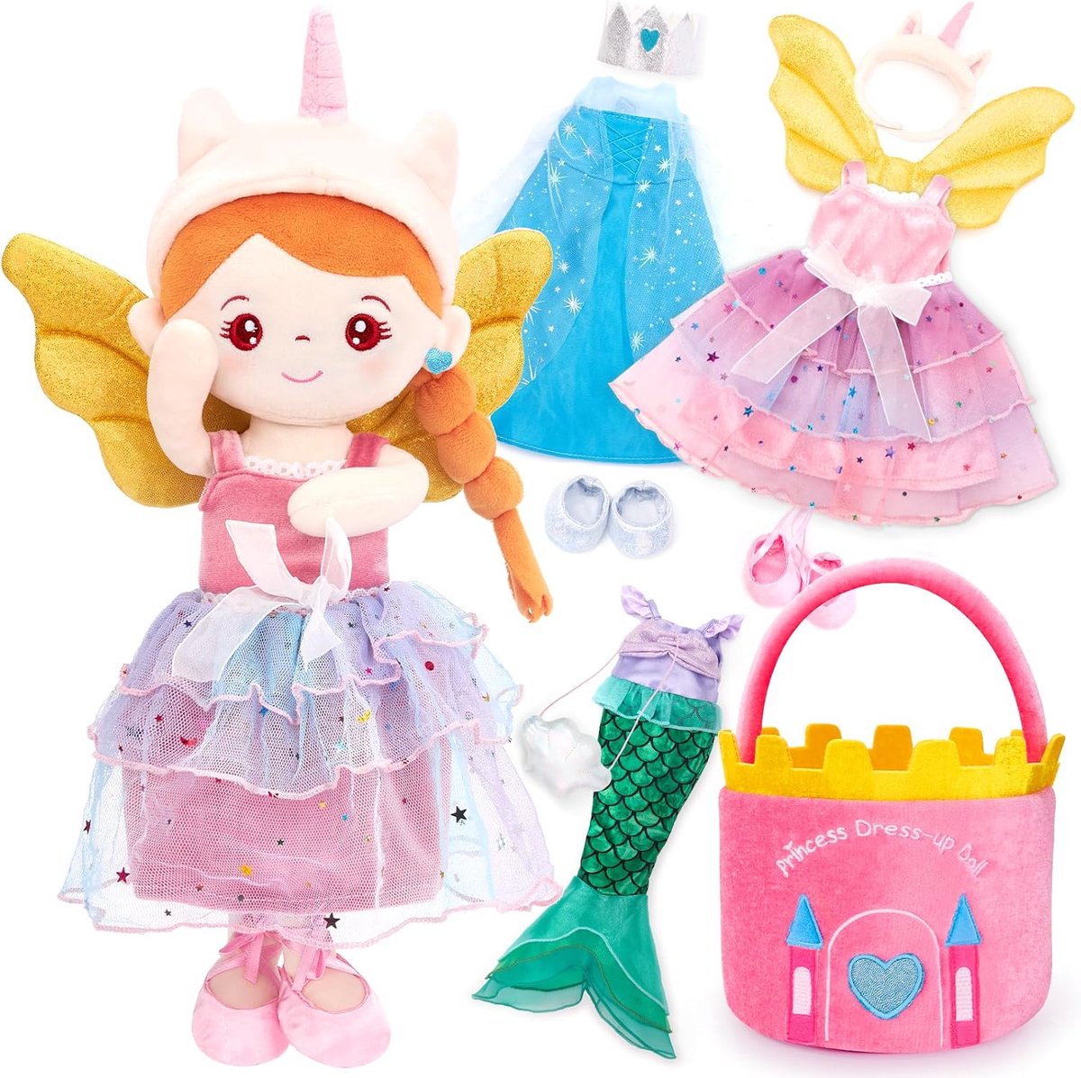 hahaland Aankleedpop voor meisjes, speelgoed vanaf 3 tot 6 jaar, prinsessenzeemeermin-speelgoed en eenhoorn-speelgoed, zachte pluche pop met 3 outfits en tas met slot en tas, cadeau voor meisjes van 3