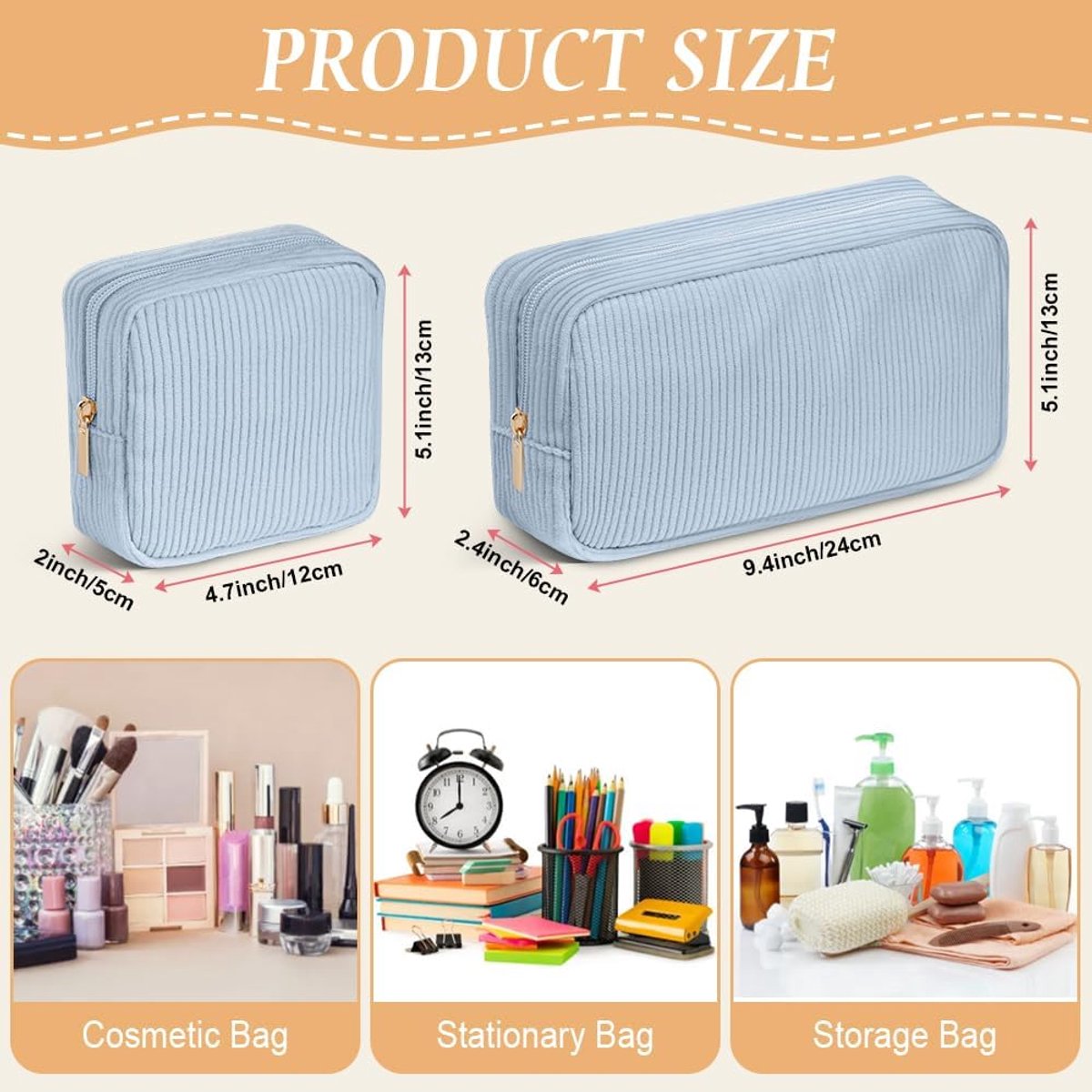 Corduroy make-uptas, make-uptas, kleine make-uptas, reismake-upzakje, gestreepte corduroy draagbare tas met metalen rits, reiscosmetische tassen organizer voor vrouwen, reizen, school, cadeau