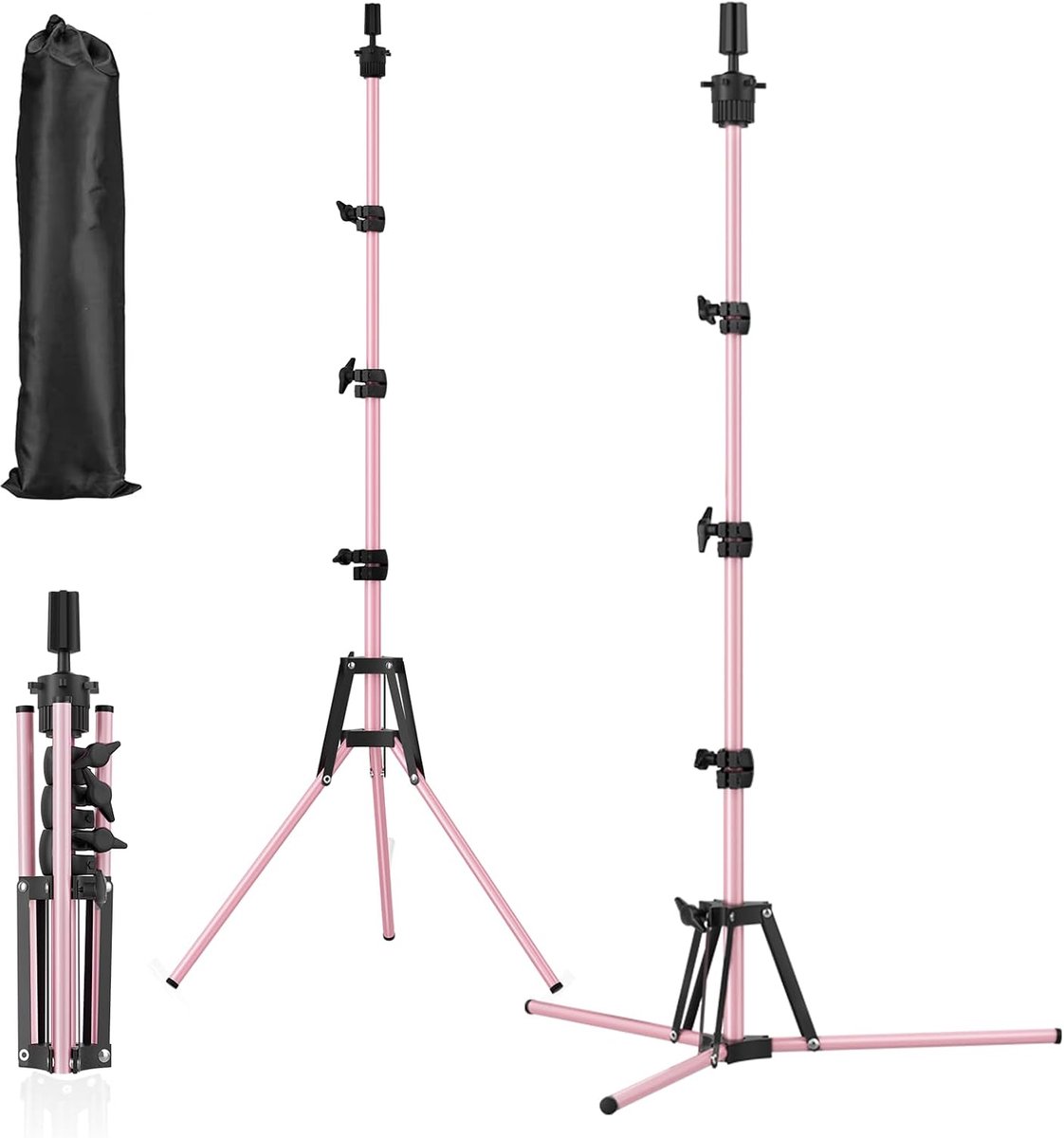 Pruikenstandaard Met Draagtas,20"/50cm- 63"/160cm In Hoogte Verstelbaar, Versterkt Roestvrij Staal, Geschikt Voor Oefenhoofden, Schuimrubberen Hoofden En Haarpoppen (Roze)
