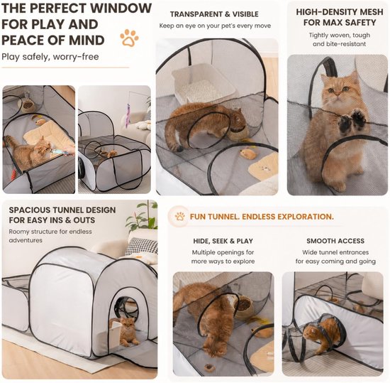 huisdierenhok, kattenhok, balkon, ren voor kleine dieren met inklapbare tunnel voor katten, honden en kleine dieren, katten en honden, buitenhok voor binnen, camping en reizen (grijs) — afbeelding 4
