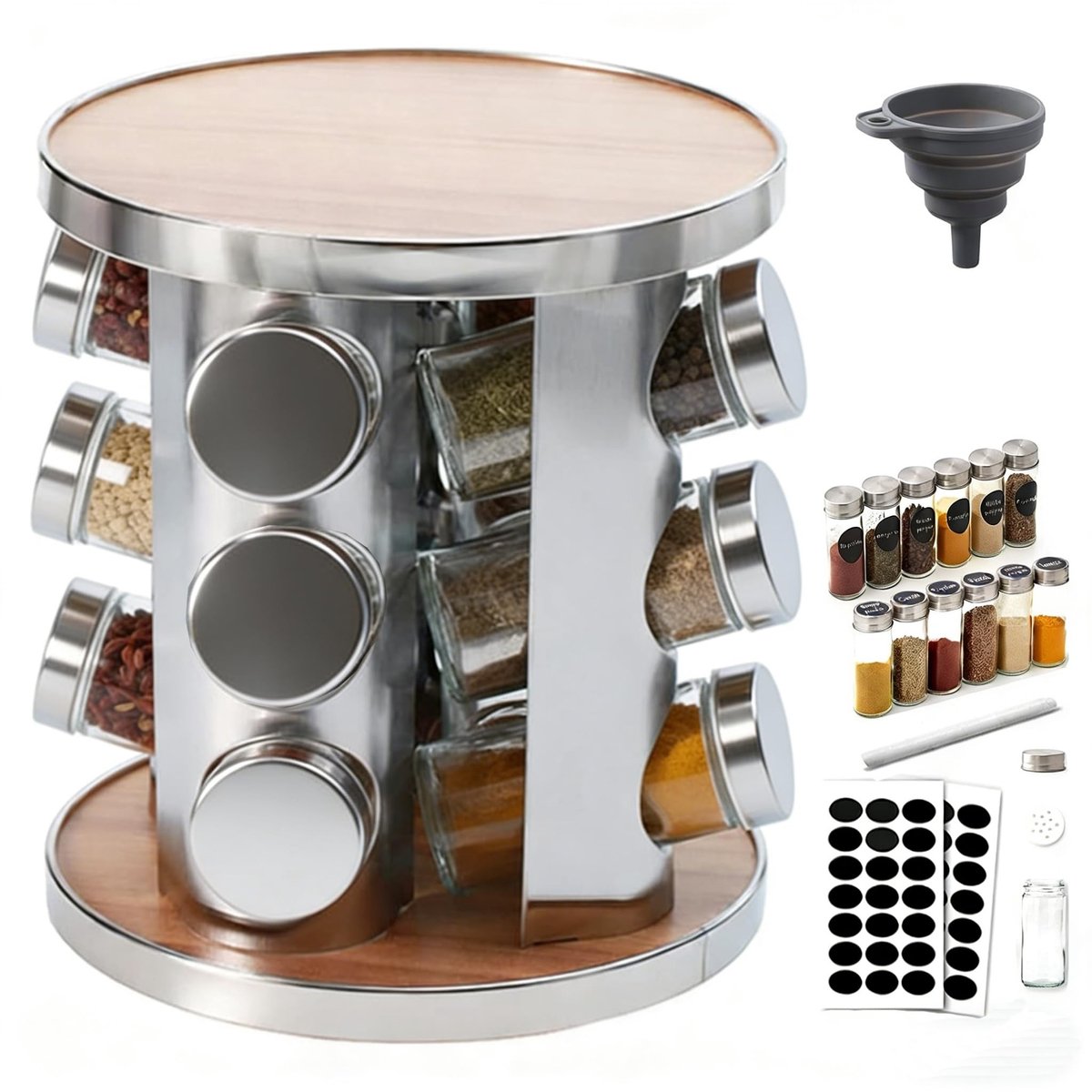 Omgoods - Spice Carousel met 12 Kruidenglazen, 360° Rotatable Kruidenschap voor Keuken