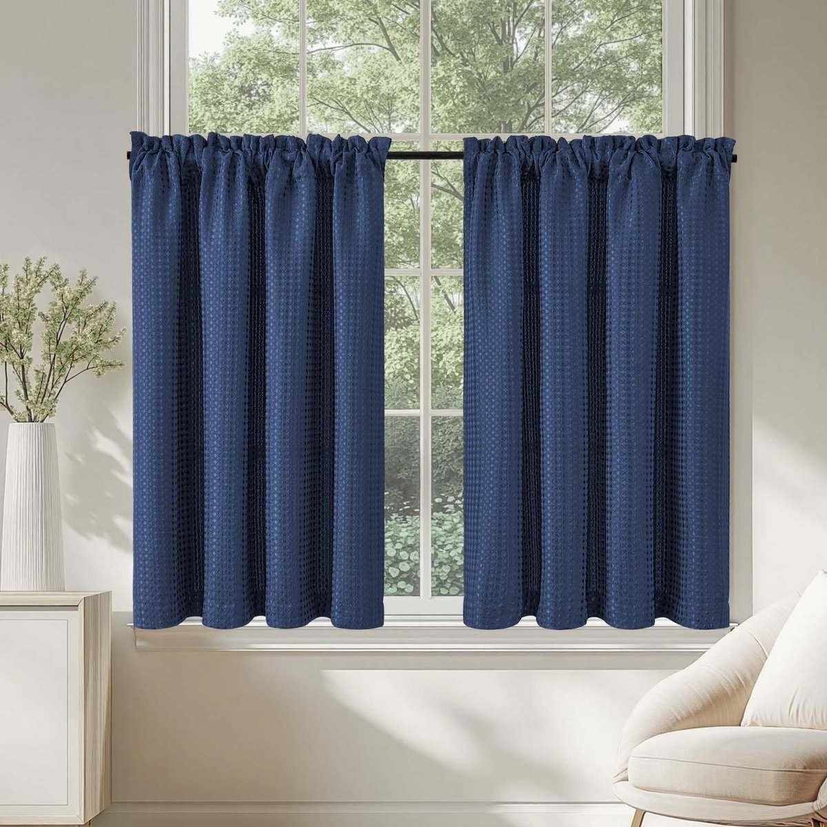 Omgoods - Set van 2 Dikke Gordijnen met Wafelpatroon - Voor Kleine Ramen in Blauw