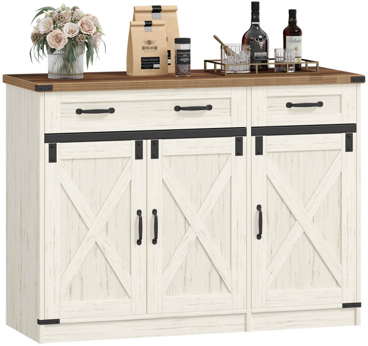 HILINSIE Dressoir, Buffetkast Met 2 Lades, Keukenkast Met 3 Deuren, Verstelbare Legplanken, Landelijke Stijl, Voor Keuken Of Woonkamer, 39 x 108 x 80 cm, Vintage Wit & Honingbruin