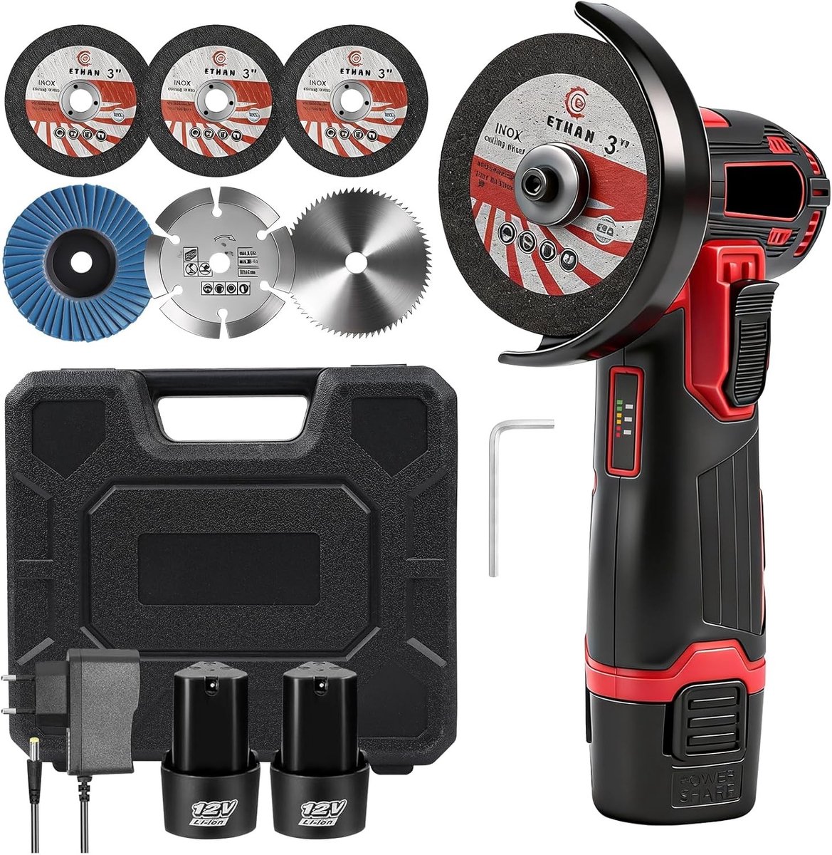 Draadloze Hoekslijper 76mm met 500W Motor en 19500rpm, Inclusief 6 Slijpschijven voor Tegels, Hout en Steen
