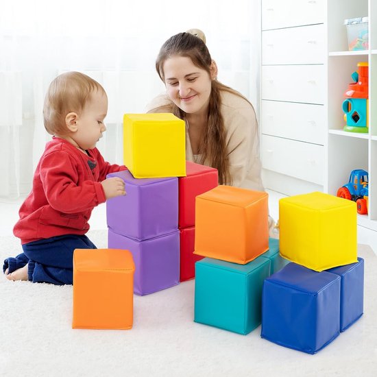 COSTWAY Zachte Schuimrubberen Bouwstenen voor Baby’s en Kinderen - 12-delige Set, 14x14 cm, Veilige en Kleurrijke Klimblokken van EPE Schuim met PU-Hoes, Veelzijdig Speelgoed voor 1+ Jaar van COSTWAY — afbeelding 5