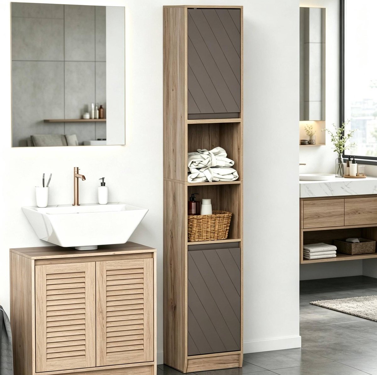 OKWISH Badkamerkast – Hoge Smalle Opbergkast – 30 x 24 x 170 cm – 2 Deuren En 2 Open Vakke