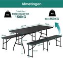 Afmetingen van zwarte tafel (180x74 cm, 3,4 cm dik, belastbaar tot 150 kg) en banken (180x28 cm, 43 cm hoog, belastbaar tot 250 kg).