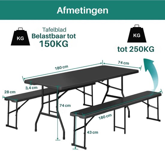 Afmetingen van zwarte tafel (180x74 cm, 3,4 cm dik, belastbaar tot 150 kg) en banken (180x28 cm, 43 cm hoog, belastbaar tot 250 kg).