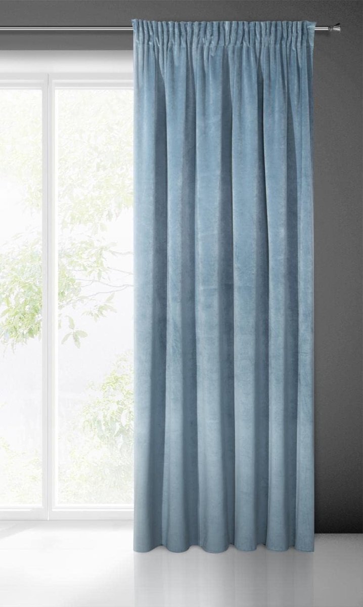 Villa Gordijn, fluweel, zacht, plooiband, 1 stuk, edel gordijn, dik, 290 g/m2, elegant, glad, effen, wollig, modern, klassiek, woonkamer, slaapkamer, lounge, blauw, 140 x 270 cm