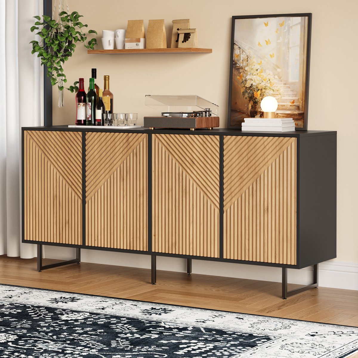 REDOM - Sideboard - 4 deuren - onderverdeelde opbergruimte - vacuümgevormd deurdesign - symmetrisch ontwerp - woonkamer - spaanplaat - naturel hout en zwart - 160 x 40 x 75 cm
