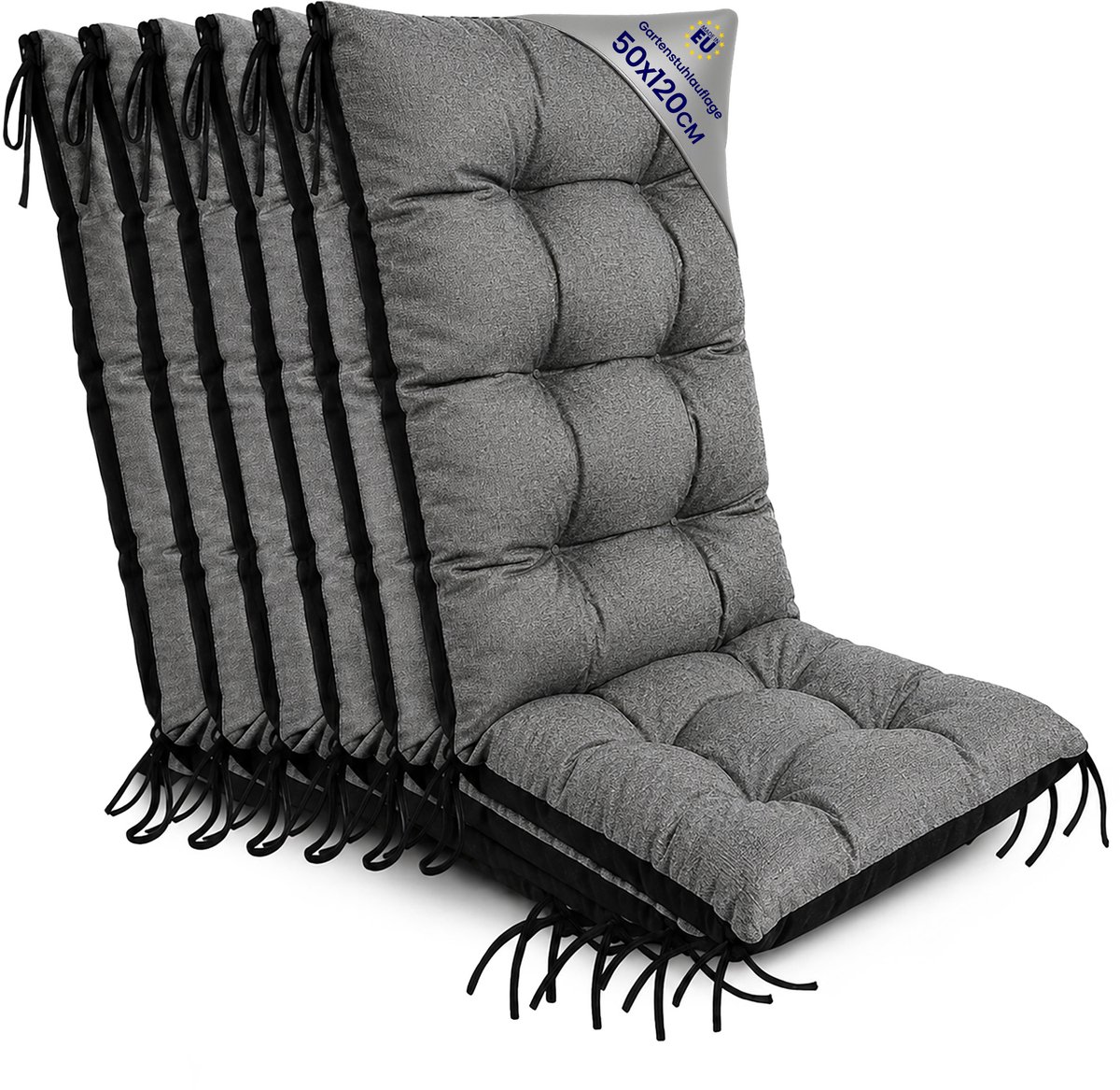 Tuinstoelkussens Hoge Rug Set: 6x 50x120 cm - Kussens voor Tuinstoelen & Standenstoel Terrasstoel Grijs Eco linnen Stoelkussens Tuin Zitkussen Extra Dik 10 cm met Bindlinten