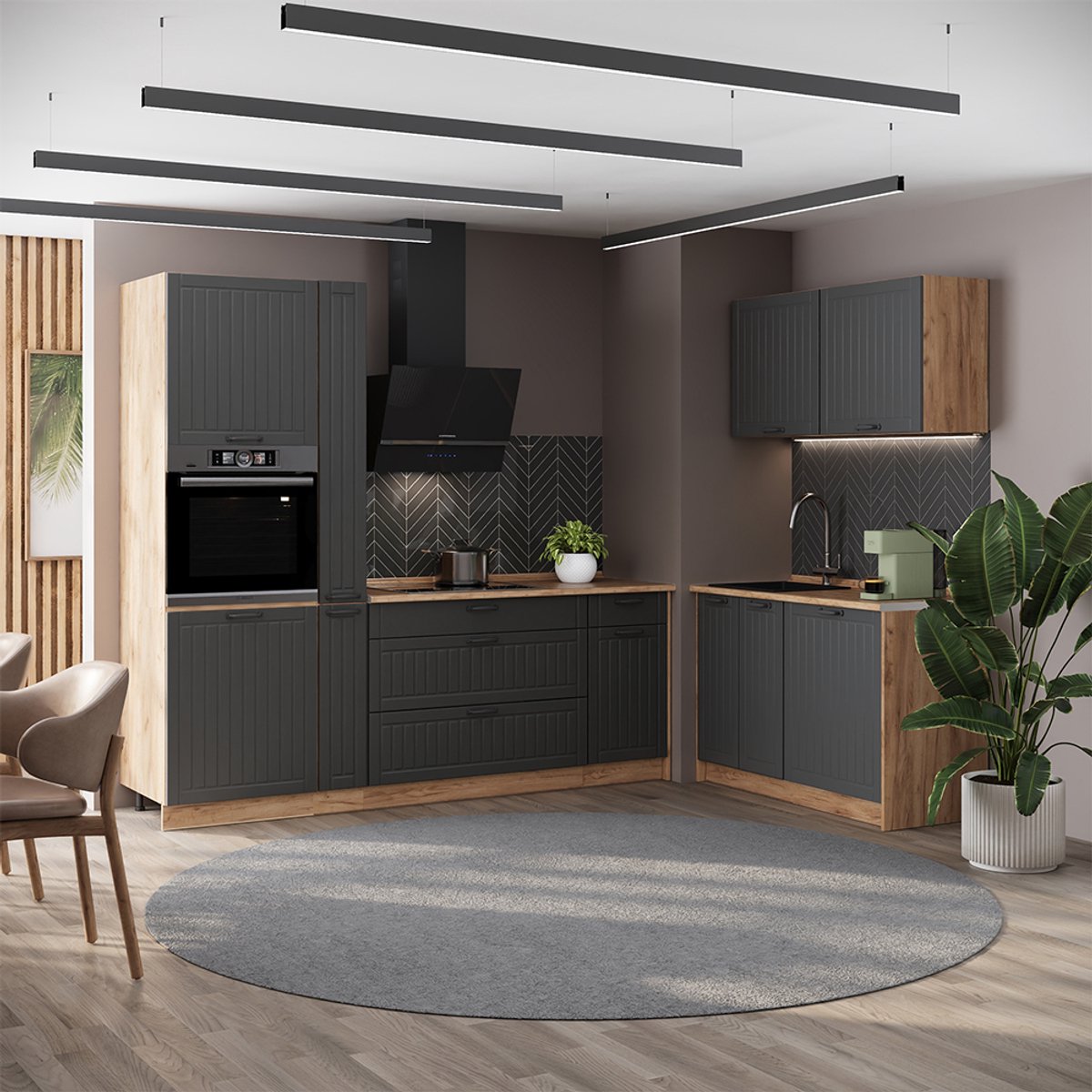 Vicco Keuken Fame-Line, Donkergrijs/Goudkleurig Eiken, 220 x 120 cm, WB Eik