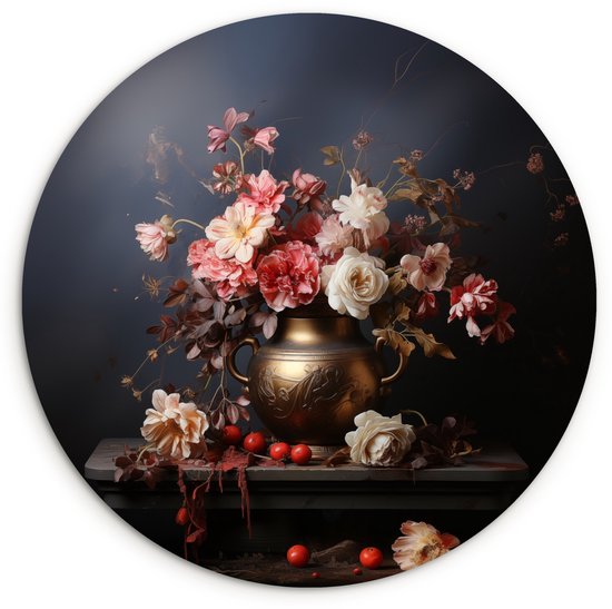 Ronde muurcirkel met een klassiek stilleven van bloemen in roze en witte tinten in een gouden vaas met rode besjes.