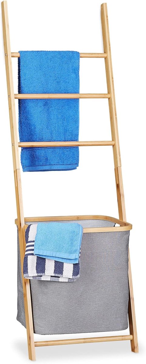 handdoekhouder bamboe, met wasmand, HBD: 139 x 43,5 x 33cm, handdoekladder, handdoekenrek