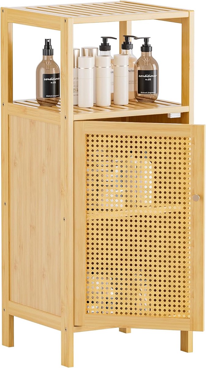 Rieten Badkamer Opbergkast, Kleine Bamboe Vloerkast met Deur, Vrijstaande Smalle Side Organizer voor Woonkamer, Keuken, Entree, Natuur