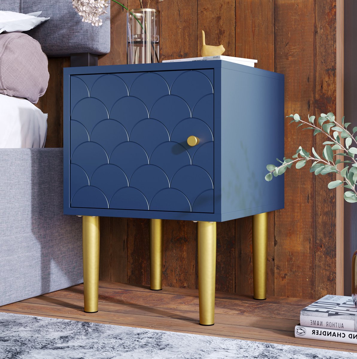 STILVORA Nachtkastje - Schubbenpatroon Met Deur En Metalen Poten - Voor Slaapkamer Of Woonkamer - Hout En Metaal - 35x35x51 Cm - Marineblauw