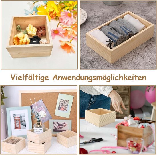 Dozen van hout, 4 stuks, kleine ongelakte houten organizer, 15 x 10 x 6 cm, rechthoekig, rustieke houten opbergdoos, voor sieraden, kantoorbenodigdheden en decoratie — afbeelding 2
