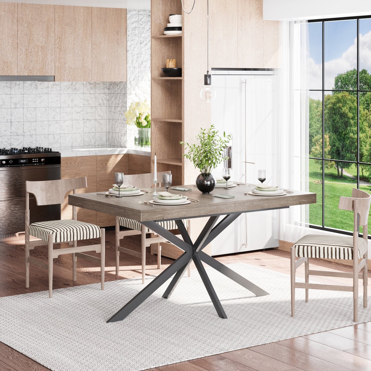 MIVRAY Eettafel - Uitschuifbaar Met Verborgen Opbergruimte - Voor Keuken En Eetkamer - MDF En Metaal - 140-180x80x76 Cm Grijs