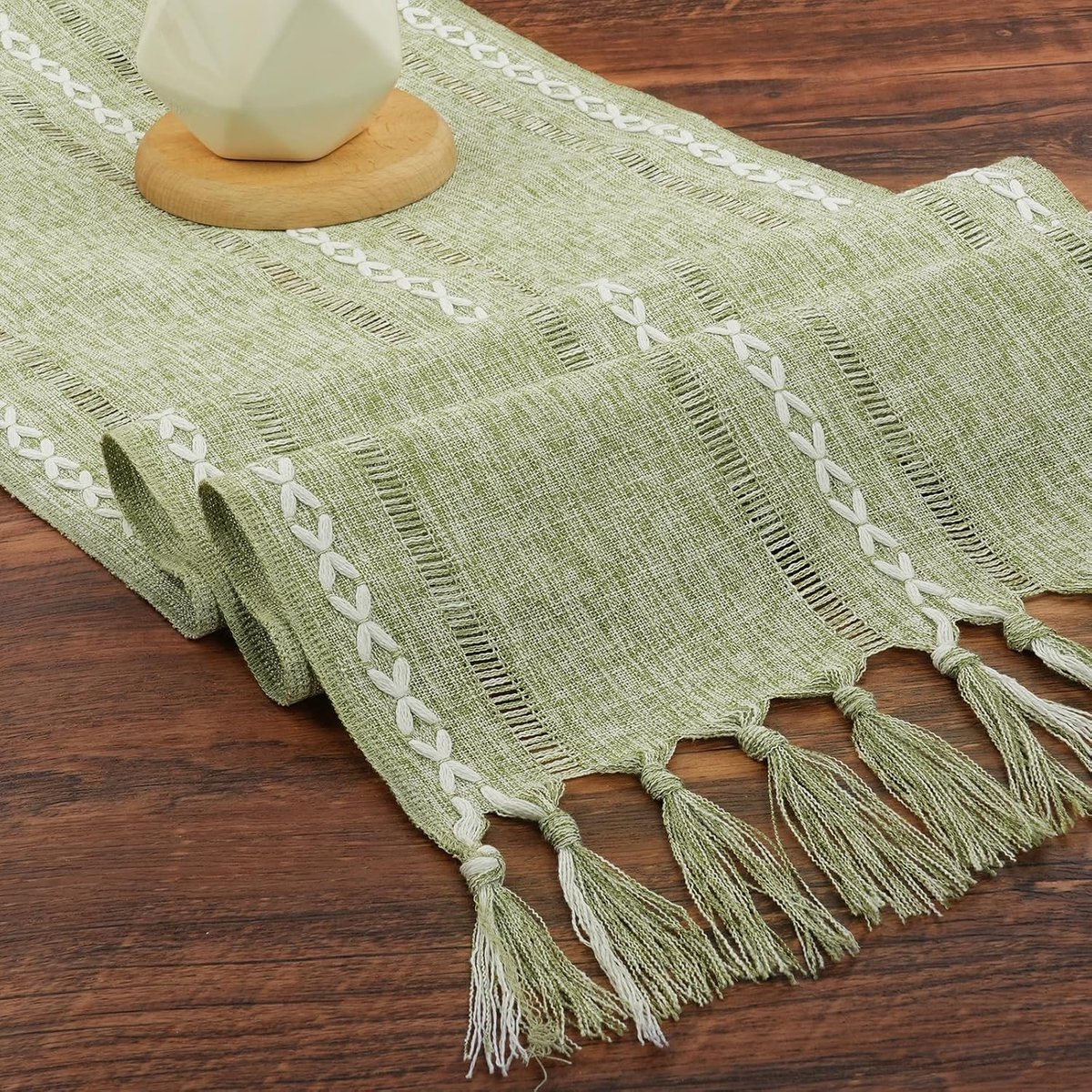Tafelkleed met kwast, lente keuken eettafel decoratie Boho rechthoekige gehaakte kant mesh tafelloper, rustiek boerderij tafelkleed voor vakantie feest en dagelijks gebruik (Groen)