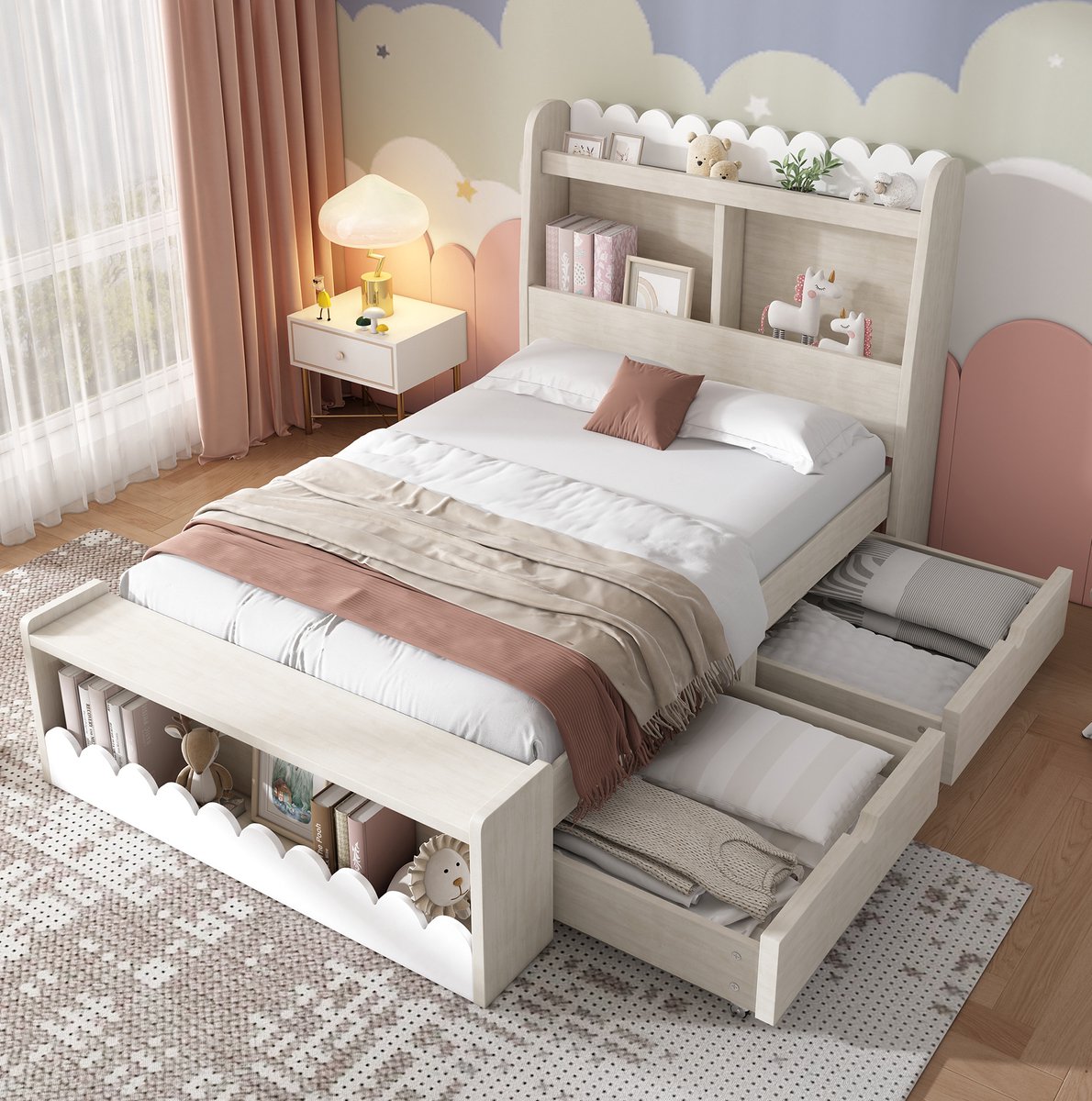 COVREO Bedframe 90x200 cm 240 x 98 x 100 cm wit en eiken met opbergruimte zonder matras