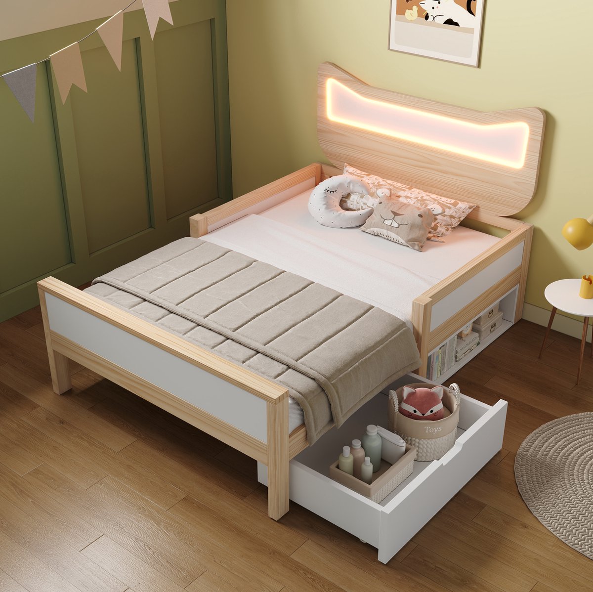 COVREO Bed 90x200 cm wit en eiken, van hout met opberglade en LED