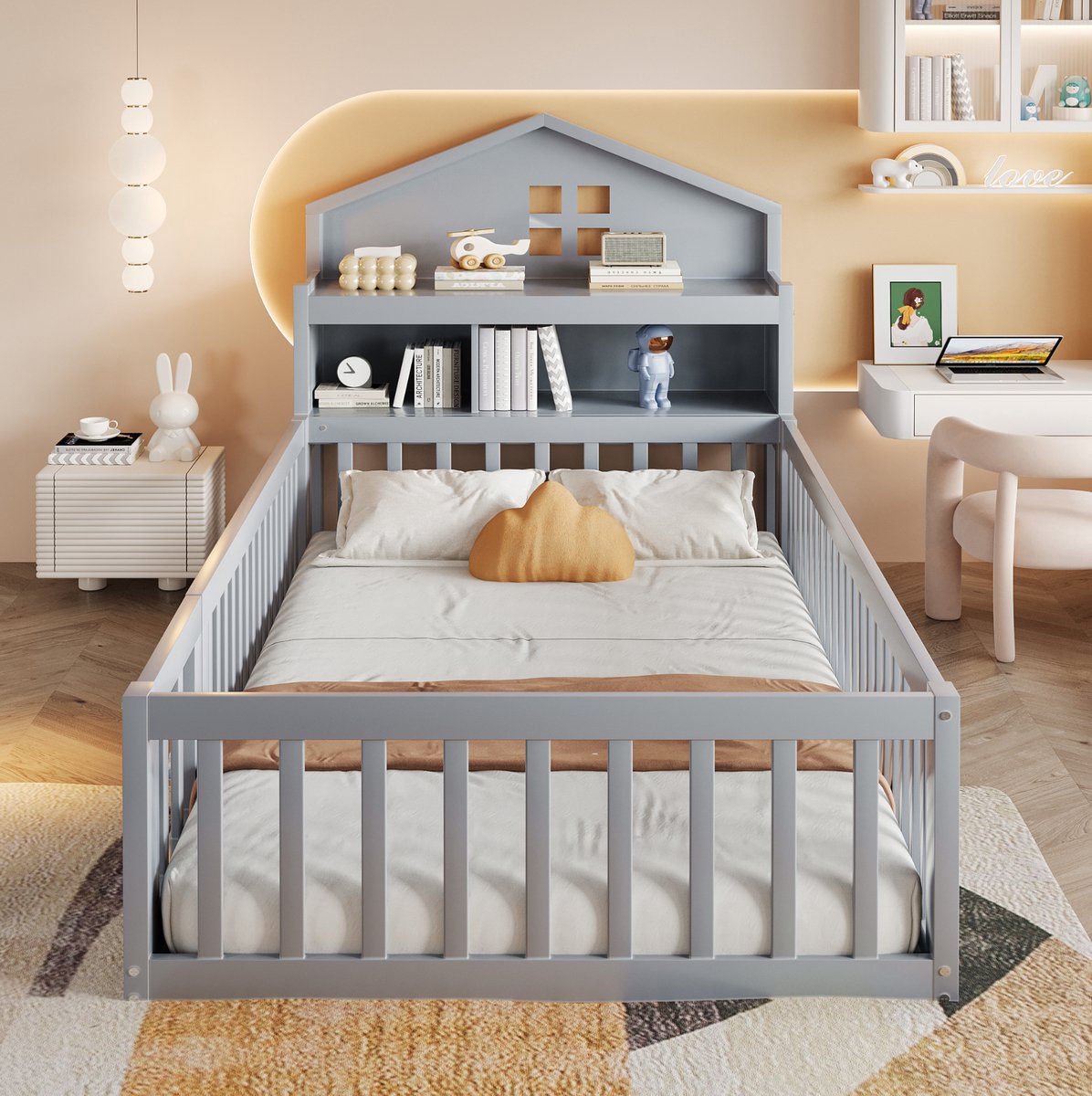 COVREO Kinderbed 90x200 cm - grijs, huisvormig, met lattenbodem en opbergvakken