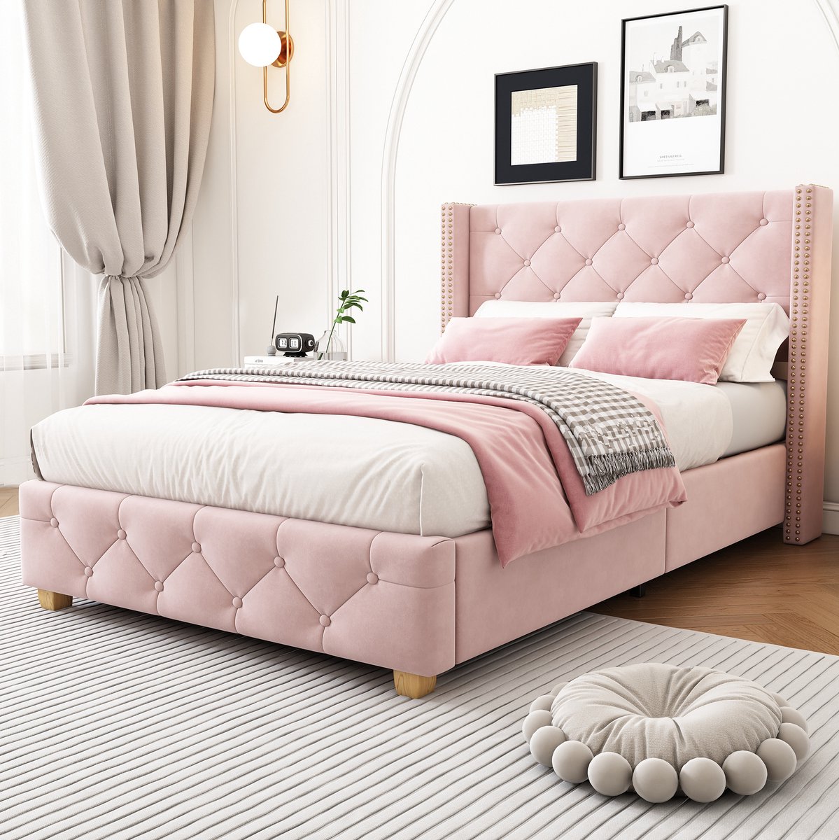 COVREO Bed 100x205 cm - roze stof, lattenbodem, hoofdbord met knopen en houten poten
