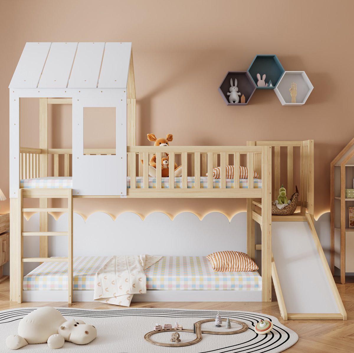 Stapelbed met haakse ladder en glijbaan, huisbed met dak en raam, kinderbed met valbeveiliging en zijrail, grenen frame, natuurlijke houtkleur + wit (90x200 cm)