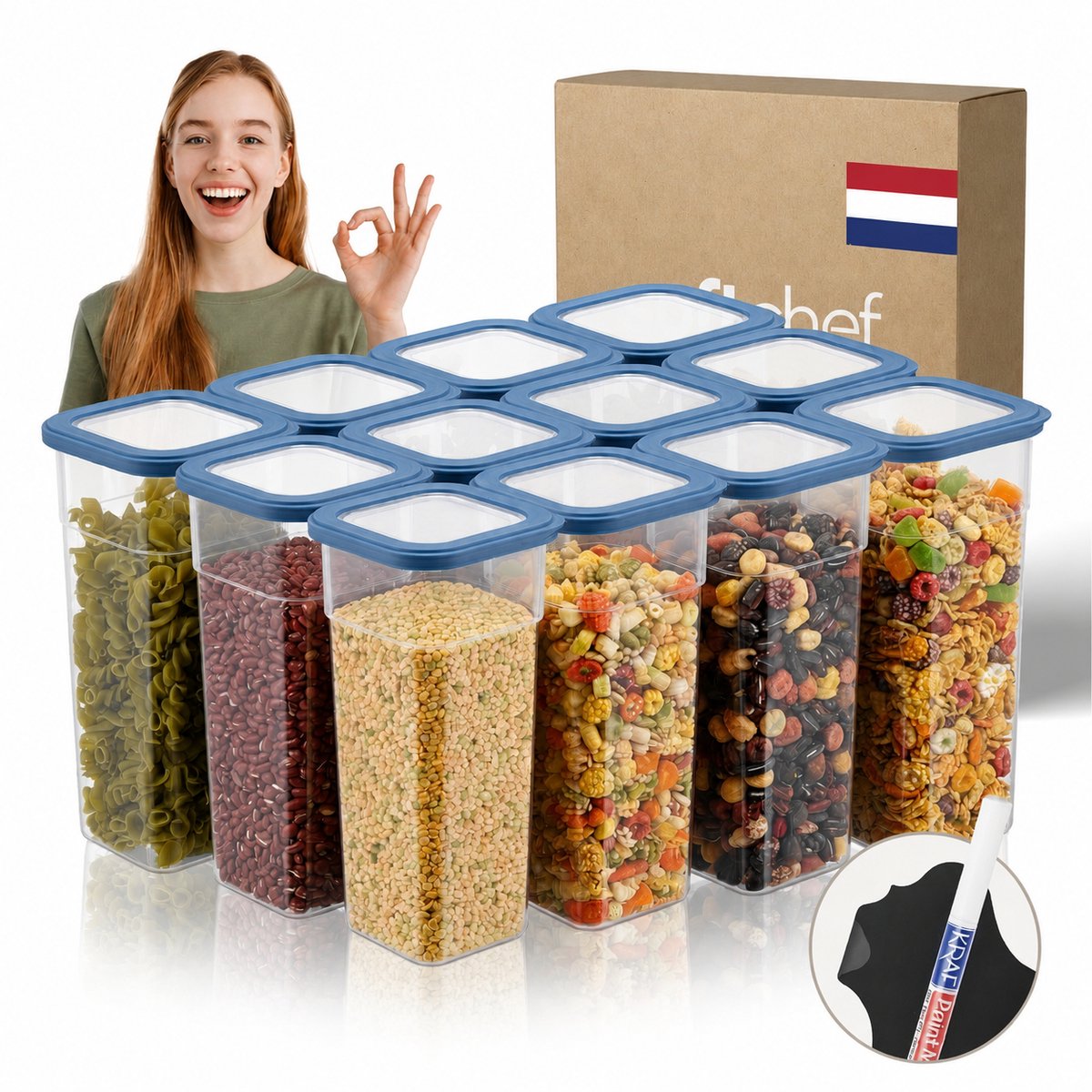 Soft Chef Viola 12-delige vierkante voedselbewaarset – 12 x 1850 ml – BPA-vrije voedselcontainers met donkergroene deksels – stapelbaar & ruimtebesparend – inclusief labels & marker – vaatwasmachinebestendig
