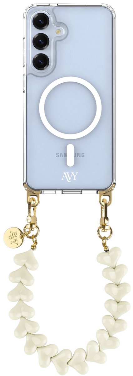 AVY Hoesje geschikt voor Samsung Galaxy S25 / S24 | Compatibel met MagSafe | Clear Case met Telefoonkoord 30CM | Polsband Cupid Beige