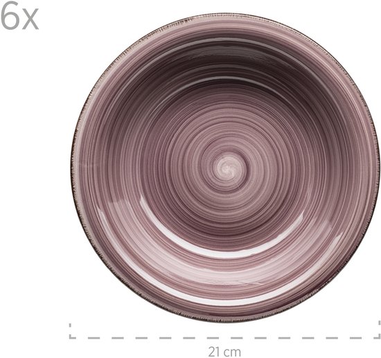 Een paarse keramische kom met spiraalvormige patronen en een bruine rand, 21 cm.