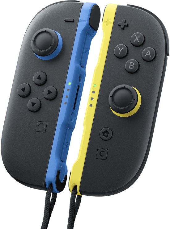 Zwarte Joy-Cons, met blauwe en gele zijkanten, knoppen X, Y, B, A.