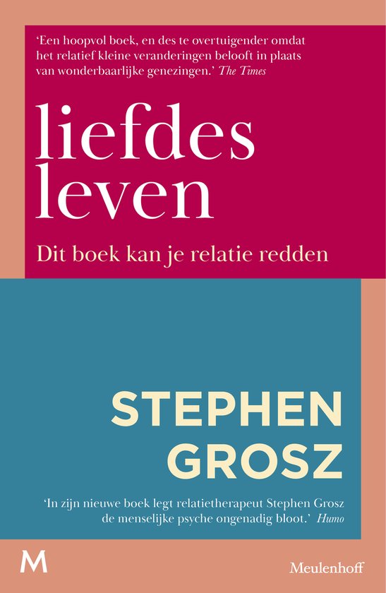 Boek 'Liefdesleven' met rode en blauwe vlakken. Tekst 'Het liefdesleven' en 'Stephen Grosz'.